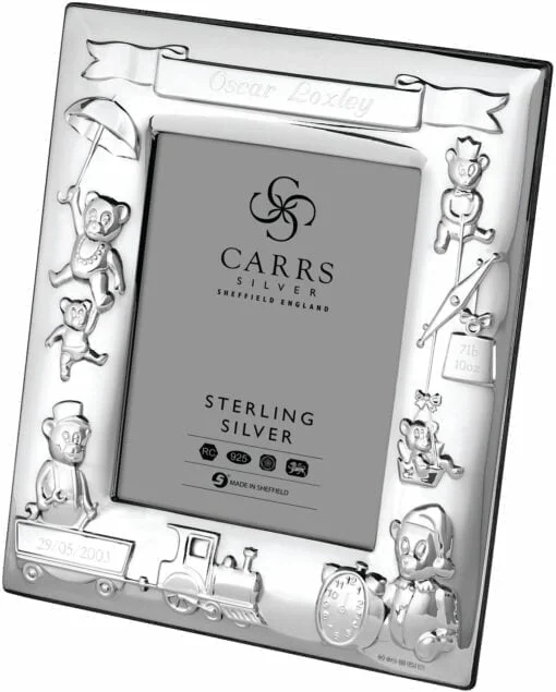 Carrs Sterling Silver Bear Motif 4 x 3 Photo Frame with Mahogany Back