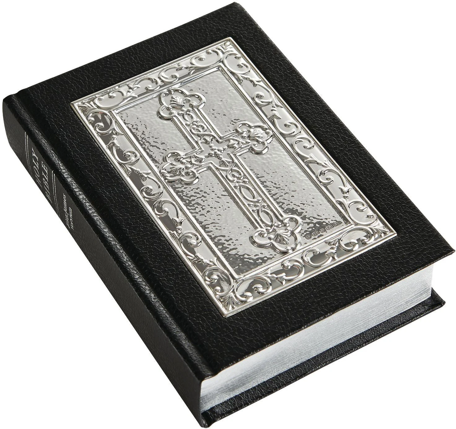 sterling silver bible with ornate detail and black cover