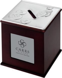 Sterling Silver Mahogany Wood Cube Photo Money Box - Carrs Silver
