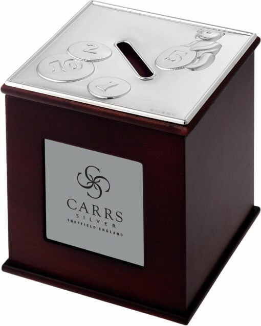 Sterling Silver Mahogany Wood Cube Photo Money Box - Carrs Silver