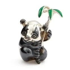 Saturno Sterling Silver and Enamel Panda with Bamboo Figurine
