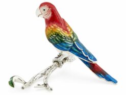 Saturno Silver with Enamel Red Parrot on a Branch Figurine