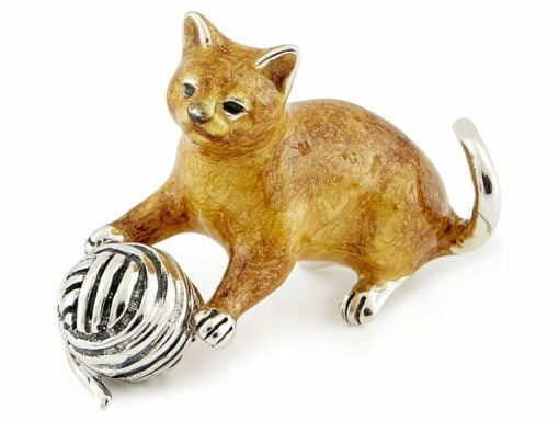 Saturno Silver Ginger Cat with Ball of Wool Figurine
