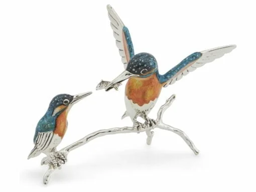 Saturno Sterling Silver with Enamel Pair of Kingfishers Figurine
