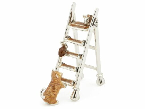 Saturno Sterling Silver with Enamel Ginger Cat and Mice on a Ladder Figurine
