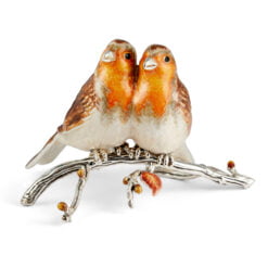 Saturno Silver Robin Couple on a Branch Figurine
