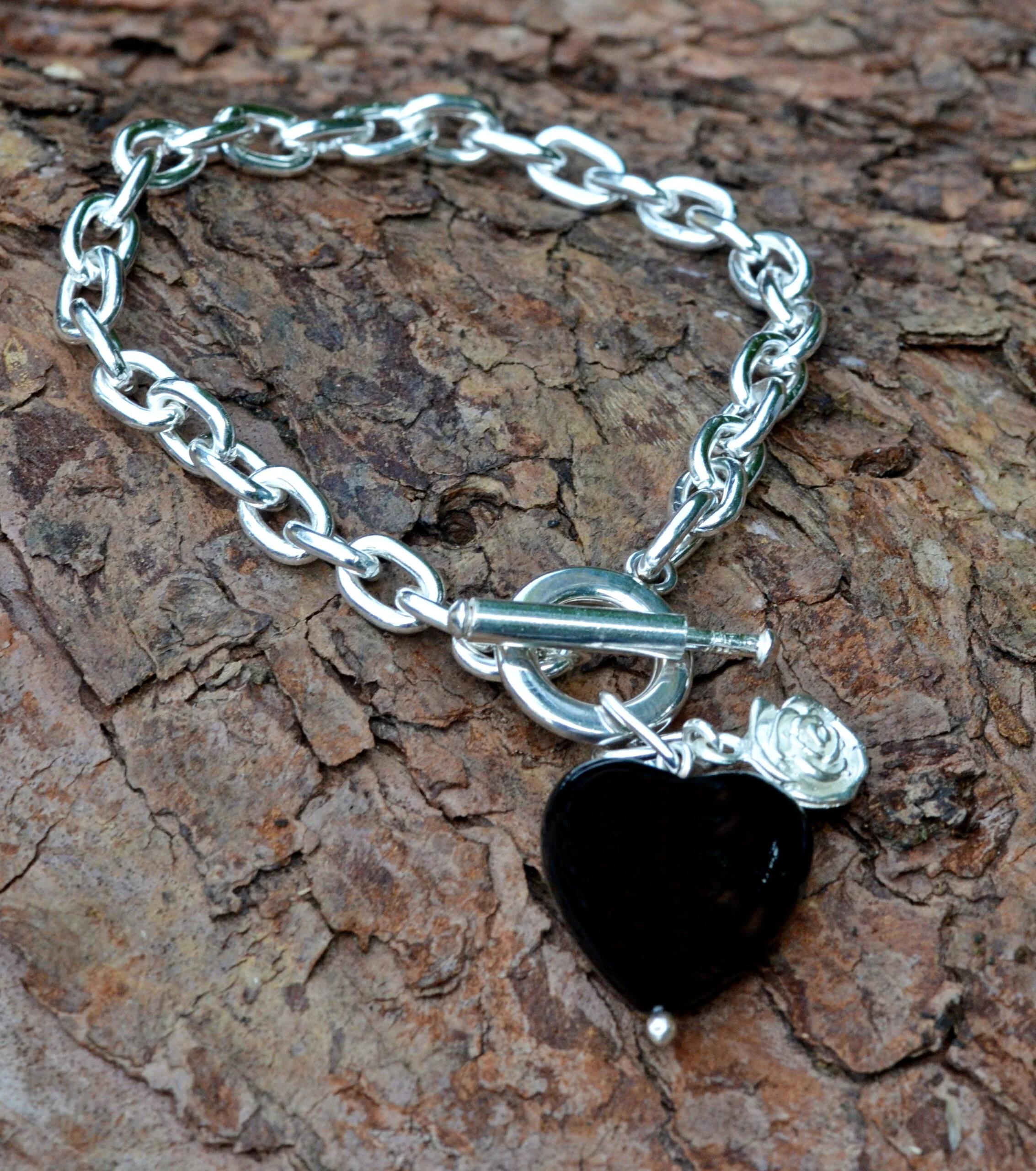 Sterling Silver T Bar Bracelet with Black Onyx Heart Charm - Image 2