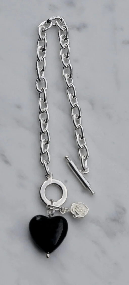 Sterling Silver Bracelet with Black Onyx Heart Charm