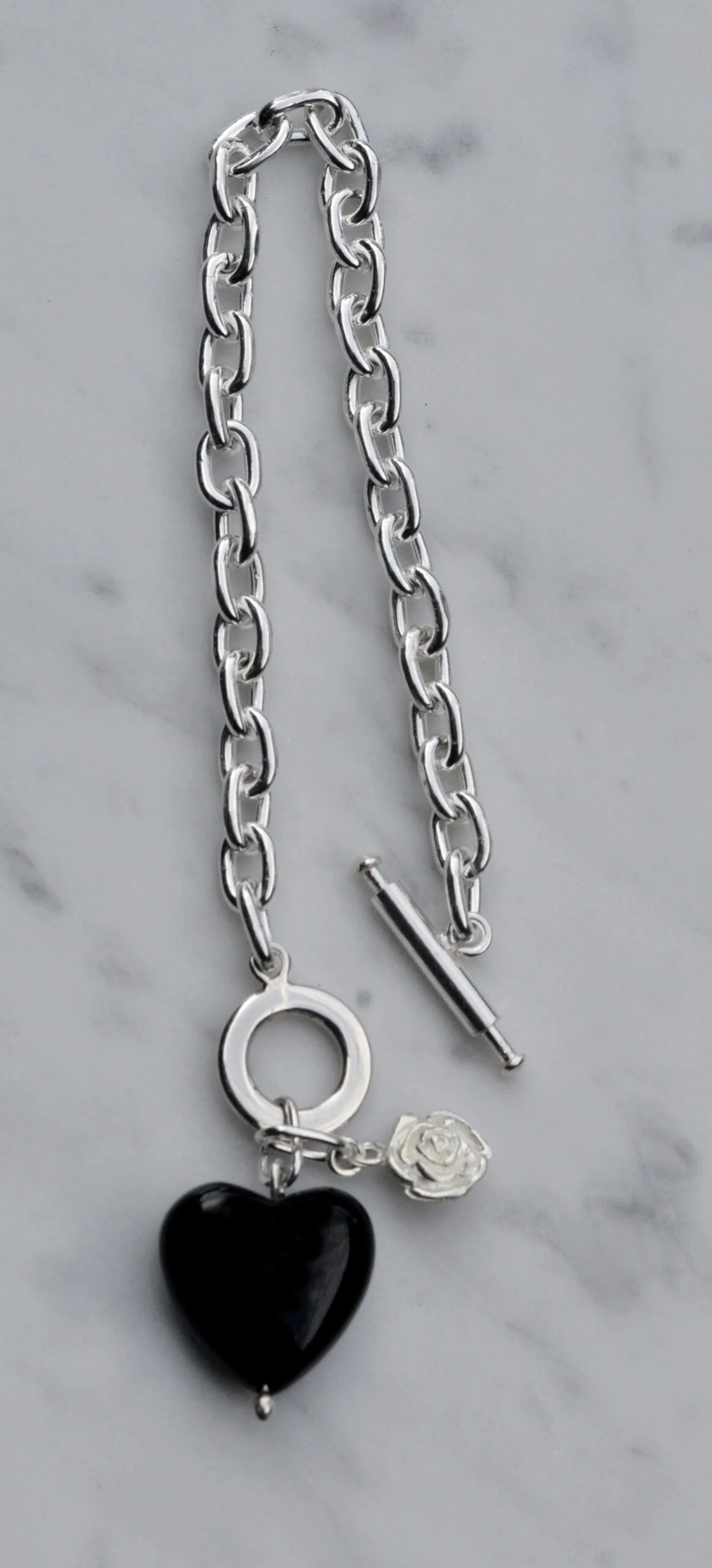 Sterling Silver T Bar Bracelet with Black Onyx Heart Charm
