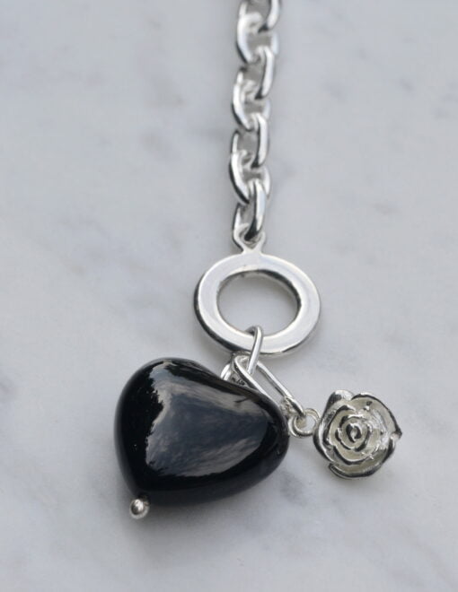 Sterling Silver Bracelet with Black Onyx Heart Charm - Image 3