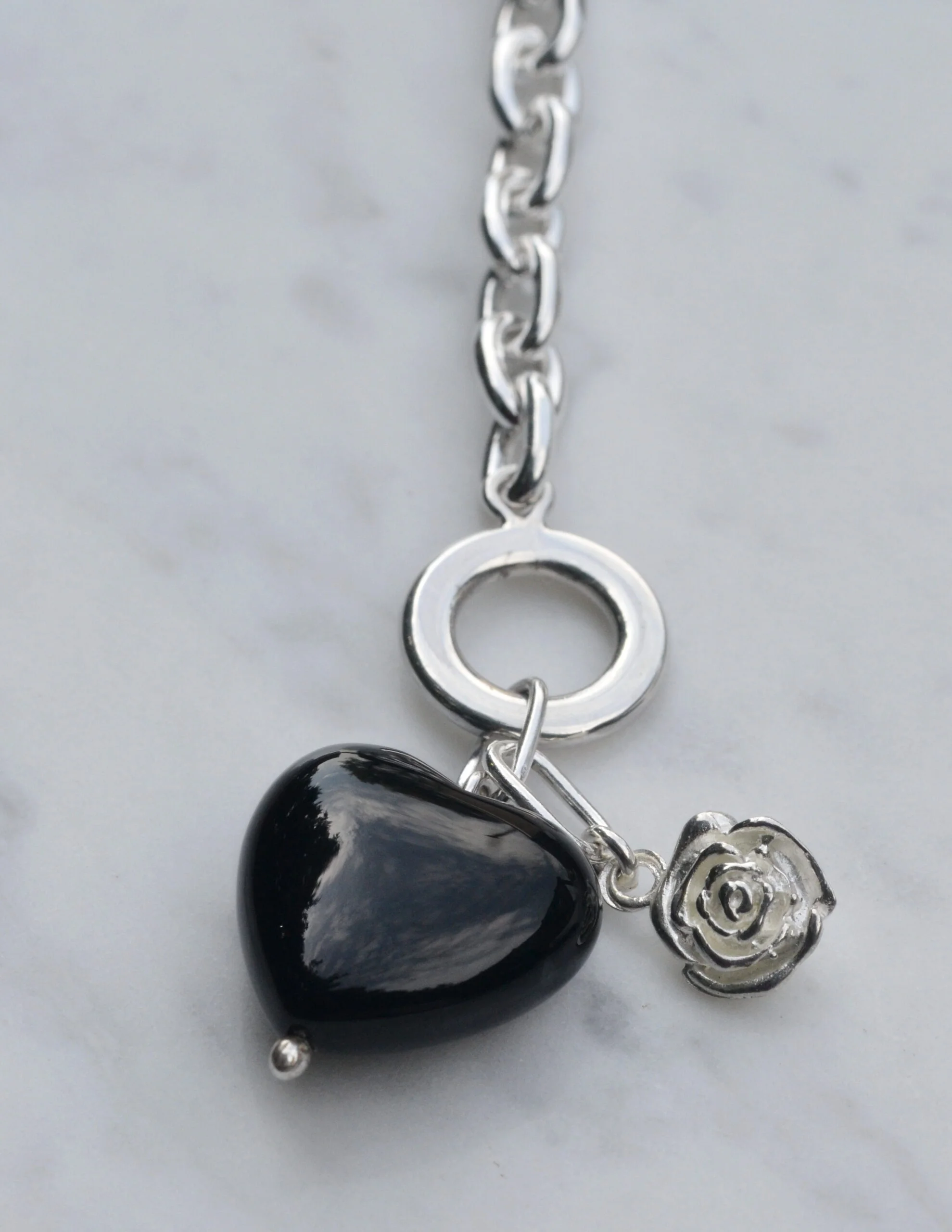 Sterling Silver T Bar Bracelet with Black Onyx Heart Charm - Image 3
