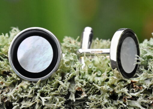 Sterling Silver Round Black Onyx & Mother Of Pearl Cufflinks by Carrs Silver - Image 2