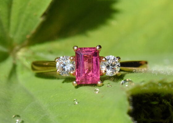 Pink Tourmaline Lab Diamond Three Stone Ring