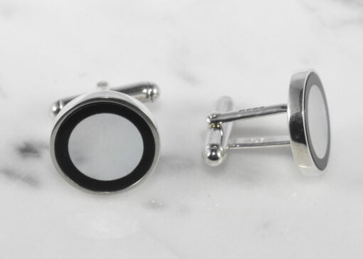 Sterling Silver Round Black Onyx & Mother Of Pearl Cufflinks by Carrs Silver