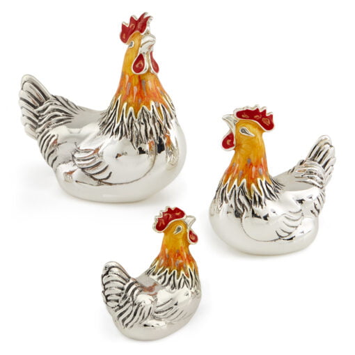 Saturno Silver with Enamel Orange Hen Figurines