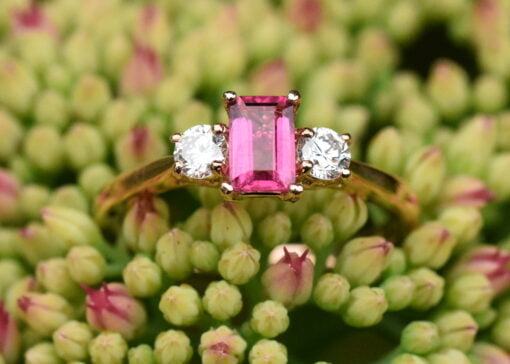 Pink Tourmaline Lab Diamond Three Stone Ring - Image 5