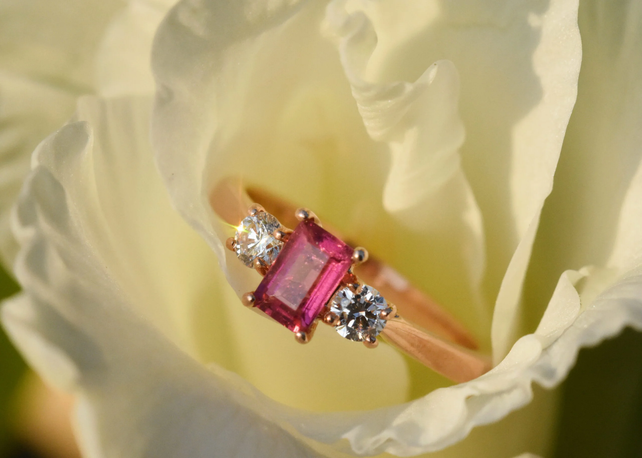Pink Tourmaline Lab Diamond Three Stone Ring - Image 3