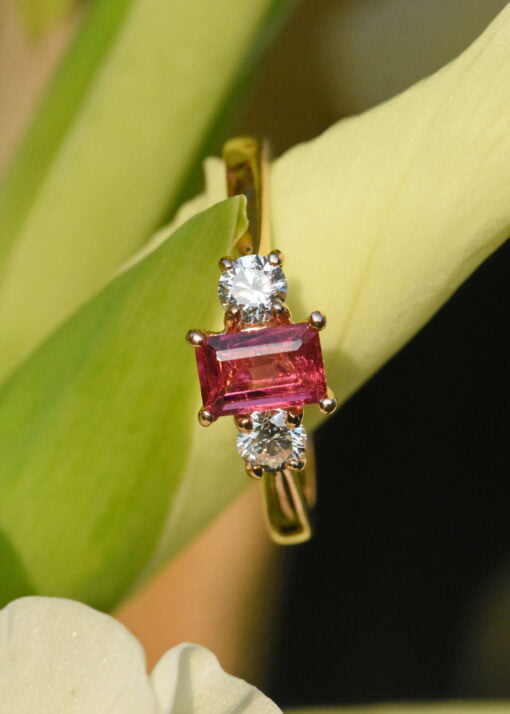 Pink Tourmaline Lab Diamond Three Stone Ring - Image 4