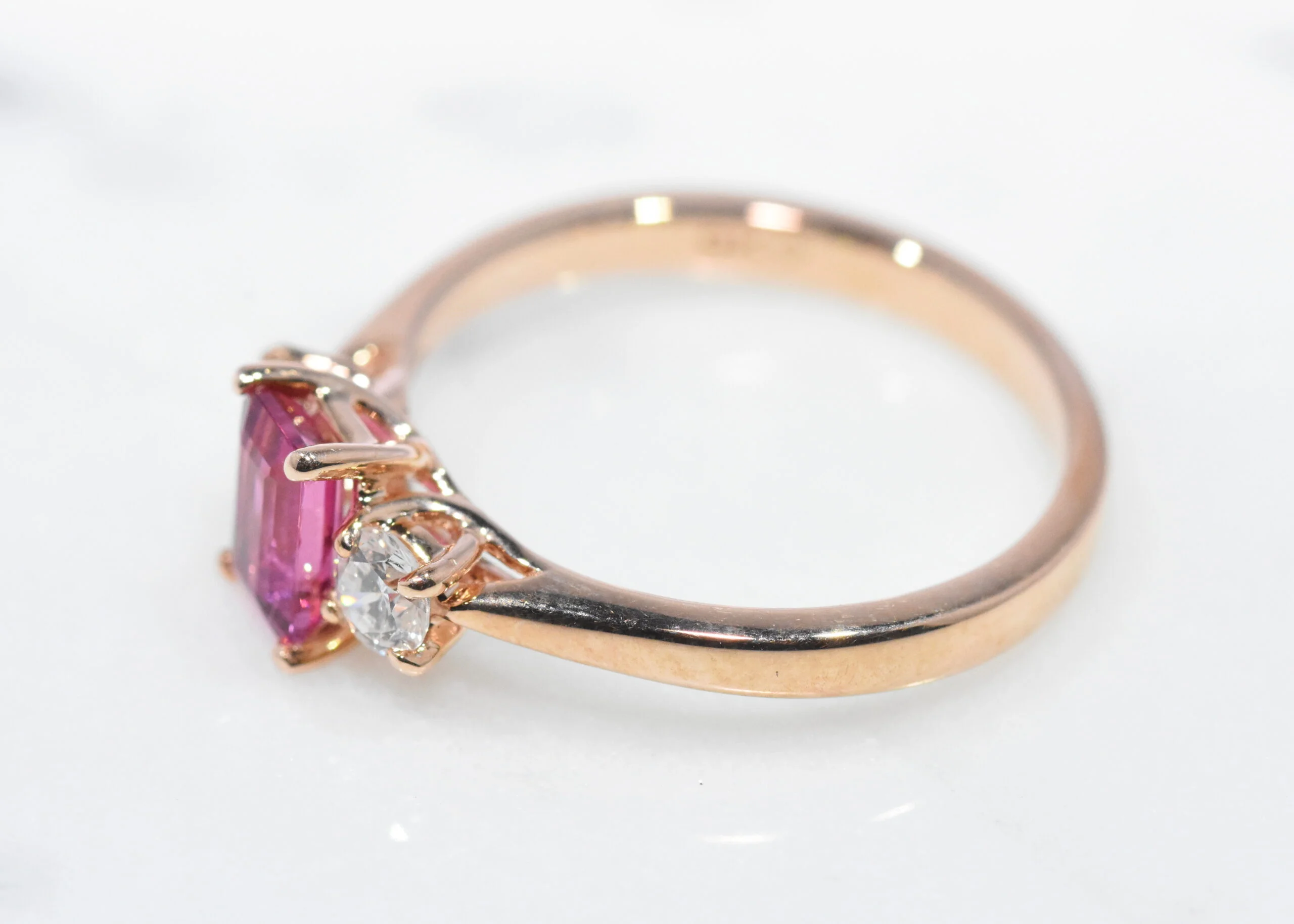Pink Tourmaline Lab Diamond Three Stone Ring - Image 2
