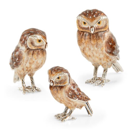 Saturno Silver with Enamel Tawny Owl Figurines