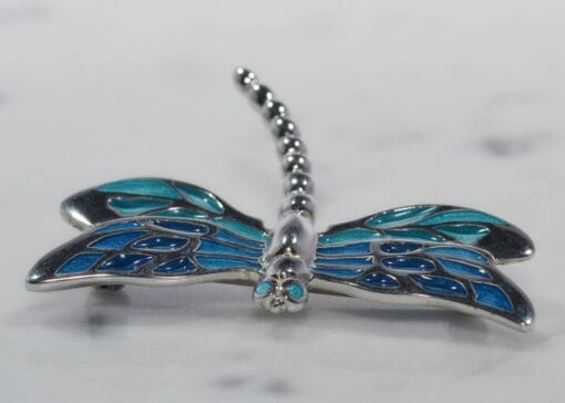 Sterling Silver Enamel Dragonfly Brooch - Blue - Image 2