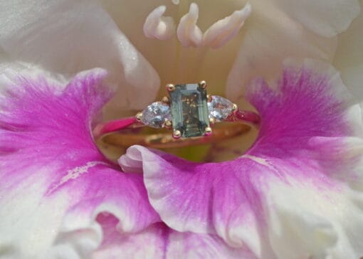 Green and White Three Stone Sapphire Ring - Image 3
