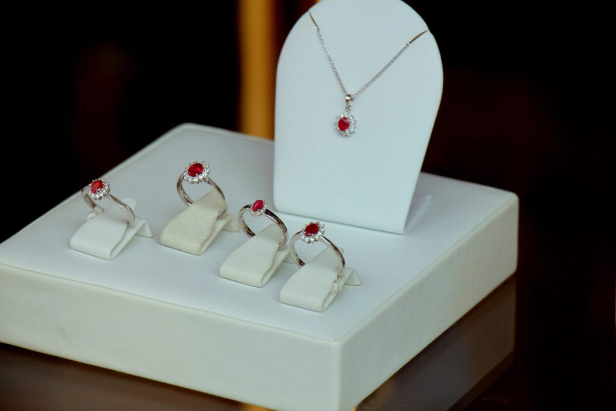 selection of ruby jewellery in a shop window
