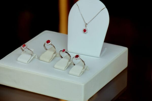 selection of ruby jewellery in a shop window