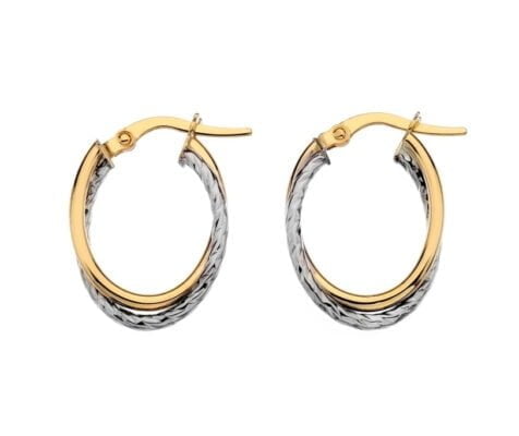 Curteis 9 Carat Yellow and White Gold Small Oval Crossover Hoop Earrings