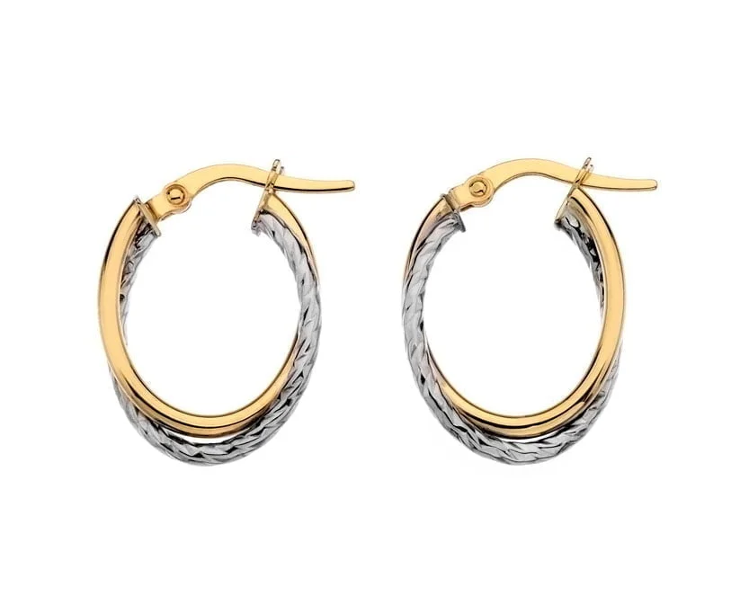 Curteis 9 Carat Yellow and White Gold Small Oval Crossover Hoop Earrings