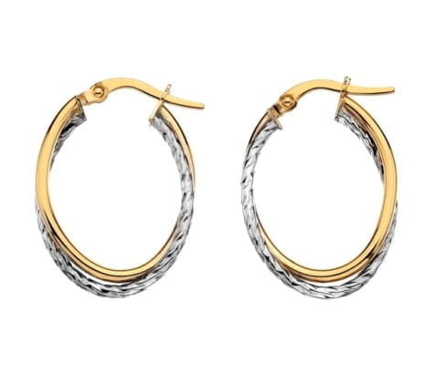 Curteis 9 Carat Yellow and White Gold Medium Oval Crossover Hoop Earrings