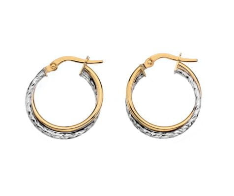 Curteis 9 Carat Yellow and White Gold Small Round Crossover Hoop Earrings