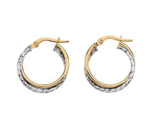 Curteis 9 Carat Yellow and White Gold Small Round Crossover Hoop Earrings