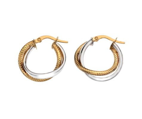 Curteis 9 Carat Yellow and White Gold Medium Round Rope Crossover Hoop Earrings