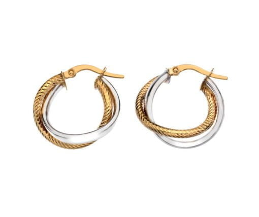 Curteis 9 Carat Yellow and White Gold Medium Round Rope Crossover Hoop Earrings