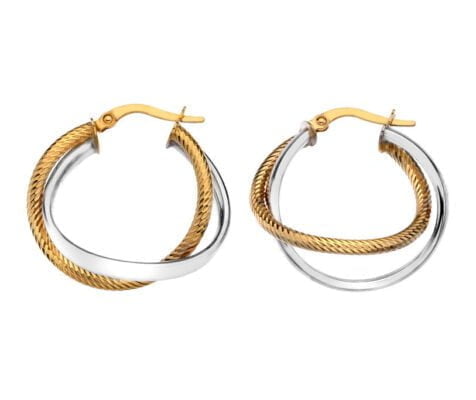 Curteis 9 Carat Yellow and White Gold Large Round Rope Crossover Hoop Earrings