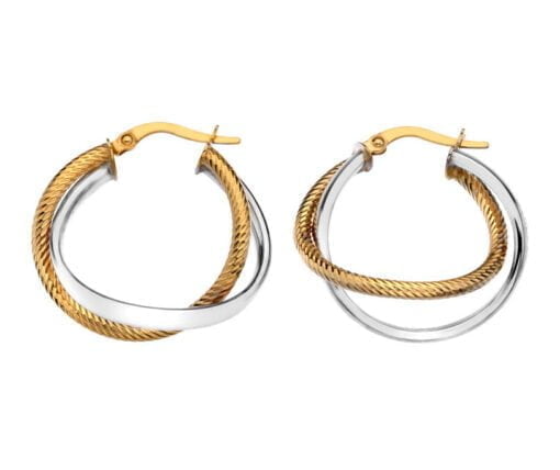 Curteis 9 Carat Yellow and White Gold Large Round Rope Crossover Hoop Earrings