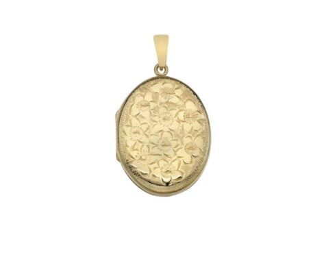 9ct Hallmarked Yellow Gold Medium Hand Engraved Oval Flower Locket Pendant