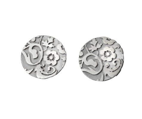 Curteis Silver Floral Etched Disc Stud Earrings