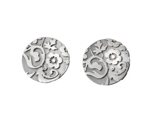Curteis Silver Floral Etched Disc Stud Earrings