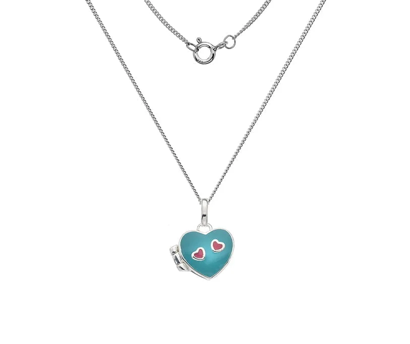 Sterling Silver Children's Blue and Red Enamel Heart Locket on 14 Inch Chain