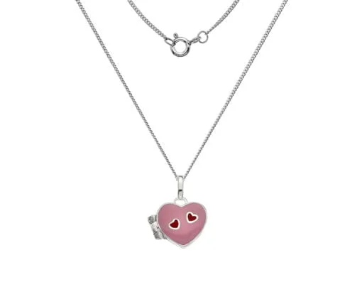 Sterling Silver Children's Pink and Red Enamel Heart Locket on 14 Inch Chain