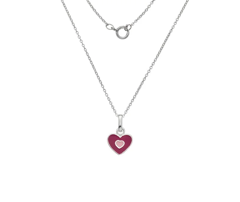 Sterling Silver Children's Dark Pink Enamel Heart Necklace