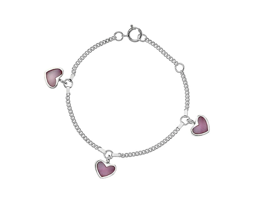 Sterling Silver Children's Bracelet with Pink Mother of Pearl Heart Charms