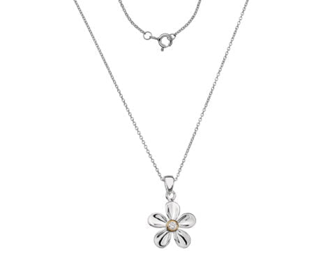Sterling Silver and Yellow Gold CZ Set Flower Pendant and Chain