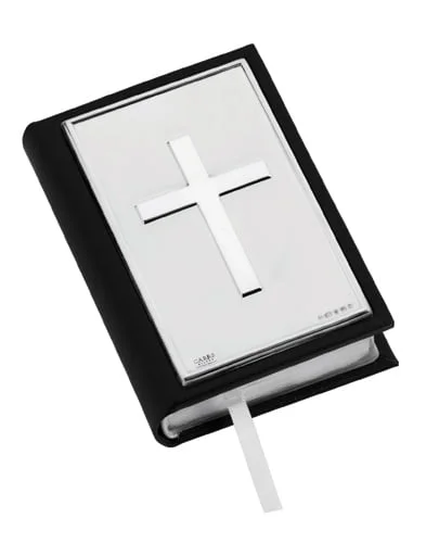 Sterling Silver and Leather Holy Plain Cross Bible in Black