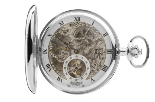 Sterling Silver Twin Lid Skeleton Mechanical Pocket Watch by Jean Pierre