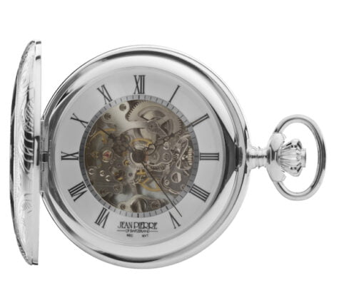 Sterling Silver Skeleton Half Hunter Pocket Watch by Jean Pierre