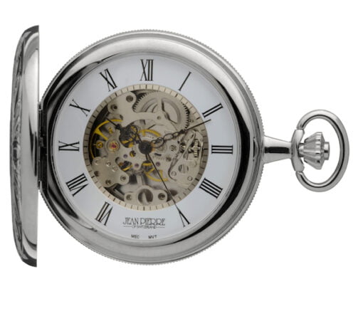 Chrome Plated Twin Lidded Skeleton Mechanical Pocket Watch by Jean Pierre - Image 3
