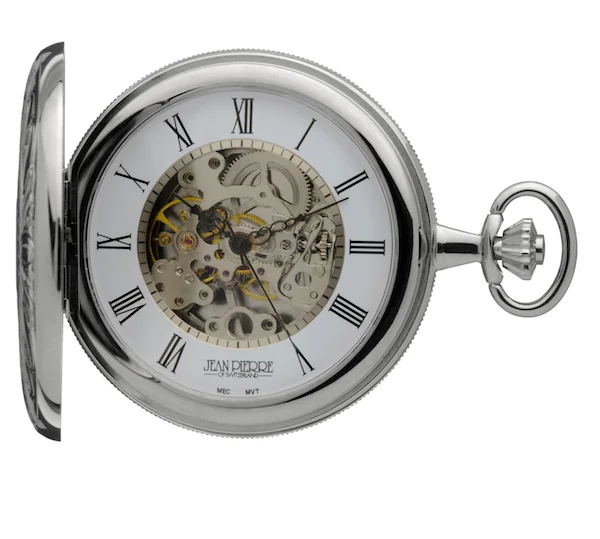 Chrome Plated Twin Lidded Skeleton Mechanical Pocket Watch by Jean Pierre - Image 3